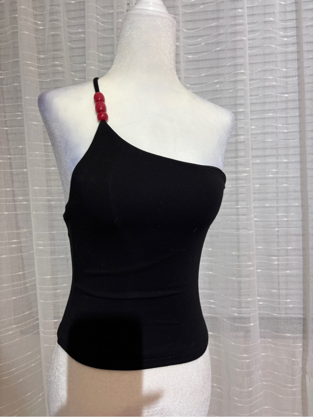 White Fox Boutique Black One-Shoulder Camisole with Red Bead Strap